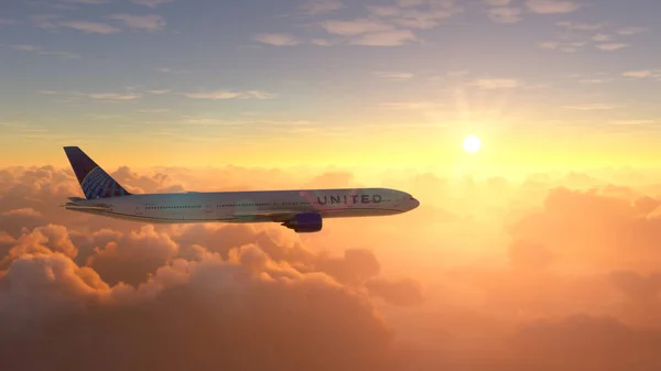 Boeing 777 United Airlines Flying Amazing Sunset Illustration Jul 2022 — Photo