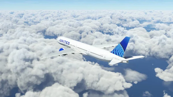 Boeing 777 United Airlines Flying Clouds Illustration Jul 2022 Sao — Stock Fotó