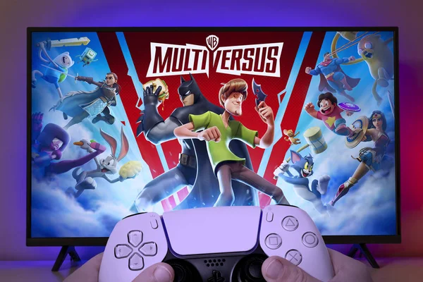 Boy Playing Multiversus Game Playstation Controller Jul 2022 Sao Paulo — Stockfoto