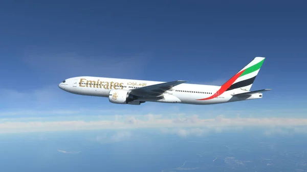 Boeing 777 Emirates Που Πετούν Πάνω Από Τον Γαλάζιο Ουρανό — Φωτογραφία Αρχείου