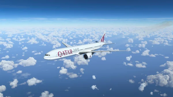 Boeing 777 Qatar Airways Fliegt Über Den Blauen Himmel Sep — Stockfoto