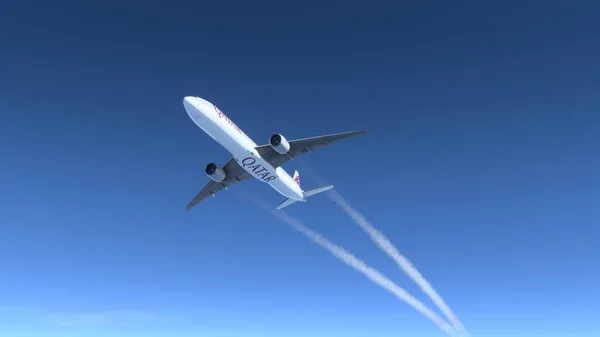 波音777卡塔尔航空公司飞越蓝天 2022年9月20日 卡塔尔多哈 — 图库照片