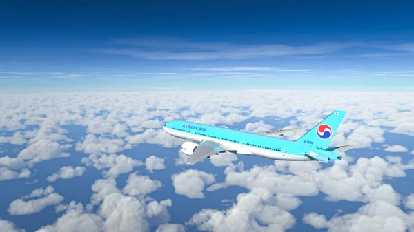 Boeing 777 Korean Air Flyger Över Den Blå Himlen Sep — Stockfoto
