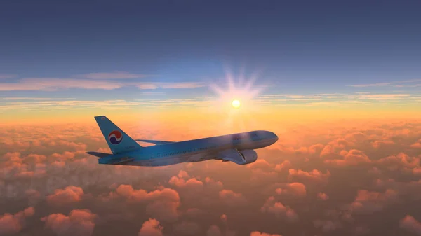 Boeing 777 Korean Air Repül Csodálatos Naplemente Felett 2022 Szeptember — Stock Fotó
