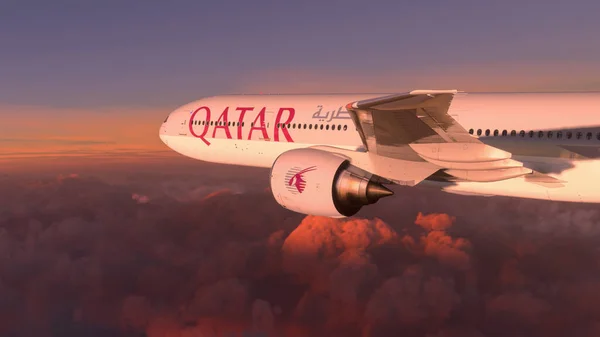 Boeing 777 Qatar Airways пролітає над дивовижним заходом сонця, вересень, 2022, Mbappe, Qatar Licensed Stock Images