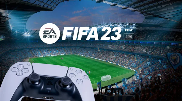 Playstation Controller Und Fifa Logo Bildschirm 2022 Sao Paulo Brasilien — Stockfoto