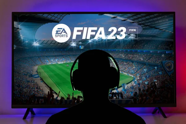 Homme Jouant Fifa Écran Télévision Oct 2022 Sao Paulo Brésil — Photo