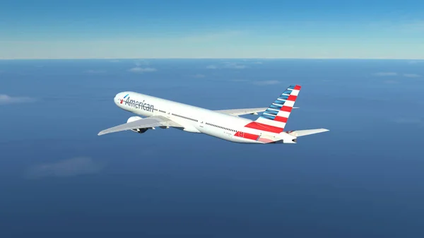 Boeing 777 300 American Airlines Przelatujące Nad Błękitnym Niebem Paź — Zdjęcie stockowe