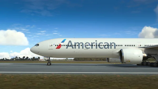 Boeing 777 300 American Airlines Che Sorvola Cielo Blu Ott — Foto Stock