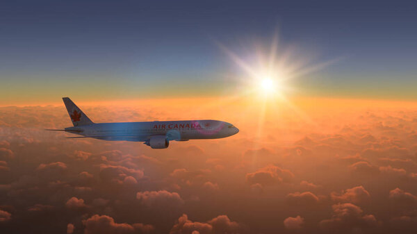 Commercial Boeing 777-200 Air Canada flying over the amazing sunset, 24 Oct, 2022, Toronto, CA