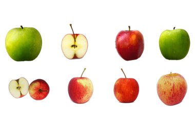 Tüm kırmızı ve yeşil elmalar paket tasarım elementleri olarak beyaz arkaplanda izole edildi