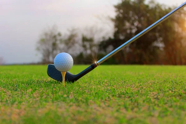 Golfballen Golfuitrusting Zijn Klaar Zonovergoten Groene Gazons Zomer Raken Golfbal — Stockfoto
