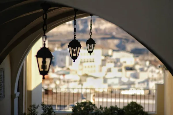 Lanterns Hanging Roof Church Village Fira Santorini Background — Stock Photo, Image