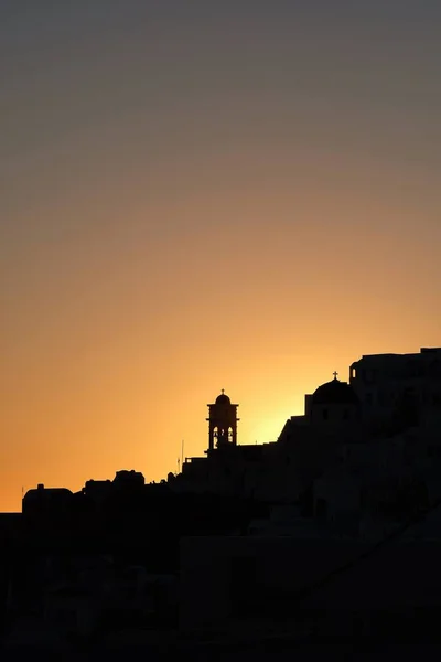 Amazing Golden Sunset Silhouette View Churches Village Imerovigli Santorini — Stock Photo, Image