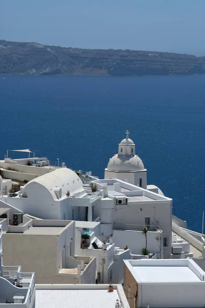 Wspaniały Widok Słynną Wioskę Fira Santorini Błękitne Morze Egejskie — Zdjęcie stockowe