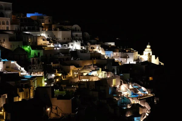 Vista Panorámica Del Pintoresco Pueblo Iluminado Fira Santorini Grecia Por —  Fotos de Stock