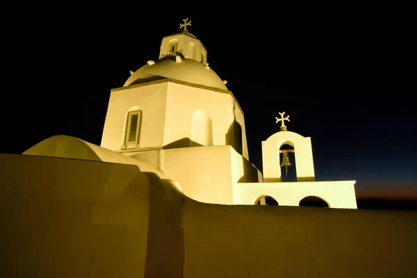 Vue Une Église Grecque Illuminée Typique Mais Magnifique Fira Santorin — Photo