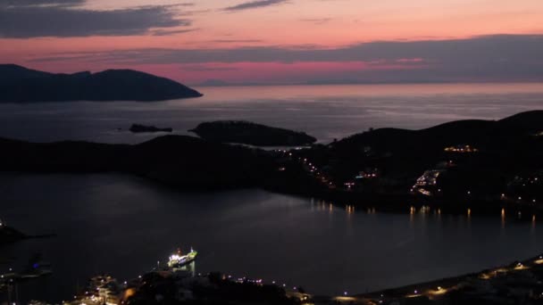 Panoramic View Port Ios Greece While Sun Setting Dramatic Colorful — Stock Video