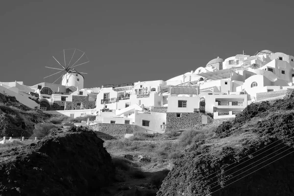 Vista Incrível Famosa Aldeia Oia Santorini Grécia Preto Branco — Fotografia de Stock