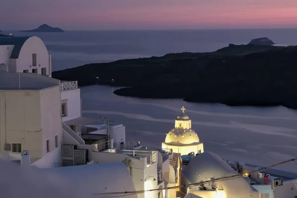 Blick Auf Das Beleuchtete Malerische Dorf Fira Santorini Den Vulkan — Stockfoto