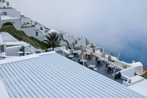 Santorini Greece May 2021 View Picturesque Terrace Decorated Tables Chairs — Stock Photo, Image