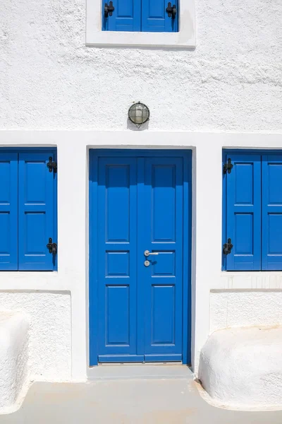 Typical Residential Building Blue Shutters Blue Door Santorini — Photo