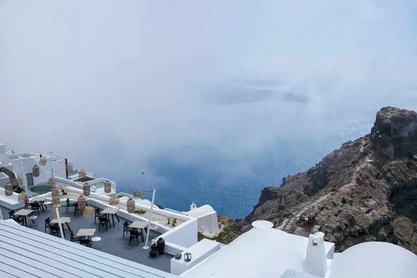 Santorini Greece May 2021 View Picturesque Terrace Decorated Tables Chairs — Foto de Stock