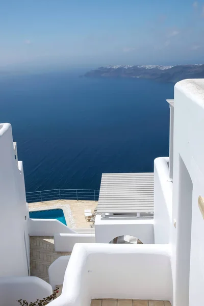 Beautiful Terrace Sunbeds Swimming Pool Breathtaking View Aegean Sea Santorini — Φωτογραφία Αρχείου