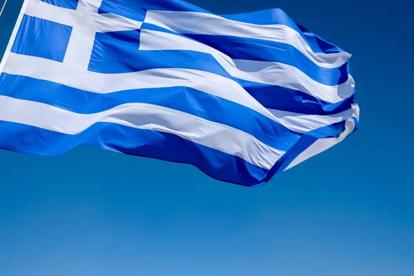 View Greek Flag Waving Air Blue Sky Background — Stock Photo, Image