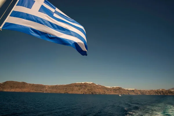 Huge Greek Flag Waving Wind Front Island Santorini Greece Ferry — Stockfoto