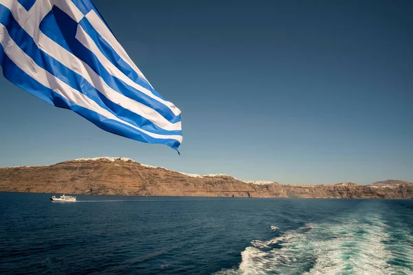 Huge Greek Flag Waving Wind Front Island Santorini Greece Ferry — Stock Photo, Image