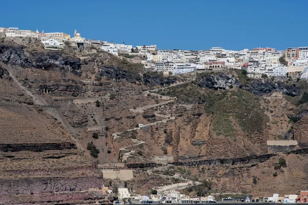 Veduta Panoramica Del Pittoresco Villaggio Fira Santorini Del Vecchio Porto — Foto Stock