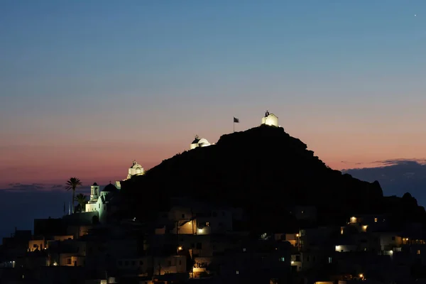 Panoramic View Picturesque Illuminated Island Ios Greece While Sun Setting — Stockfoto