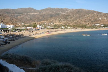 Panoramic view of the famous sandy beach of Mylopotas in Ios Greece 