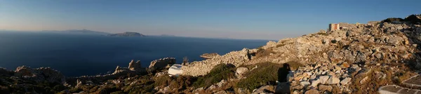 Panoramiczny Widok Morze Egejskie Starożytne Ruiny Fortyfikacji Paleokastro Ios Grecja — Zdjęcie stockowe