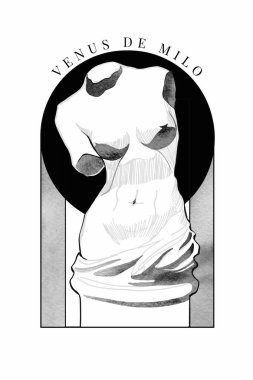 Antik heykel çizimi, vektör el çizimi mürekkep çizimleri. Venüs 'ün klasik heykelinin yaratıcı modern versiyonu. Tişört tasarımı ve baskılar, kıyafetler, çantalar, posterler, davetiyeler, kartlar, el ilanları, vs..