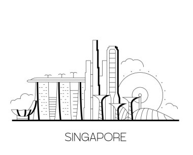 Singapur Skyline Vektör İllüstrasyonu Siyah