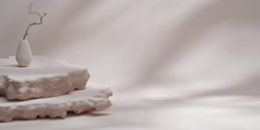 Abstract minimal background with podium, stand, 3d render. Pastel colors architectural background. Natural stones, shadow on the wall