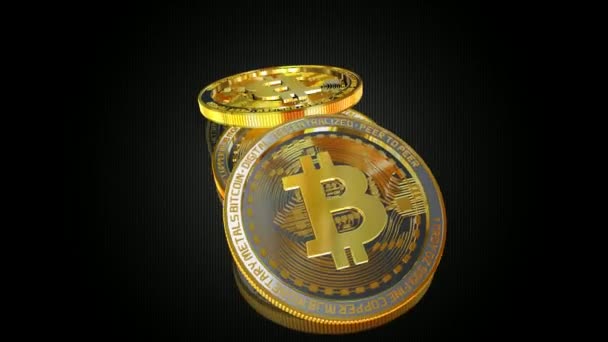 Drie Gouden Bitcoins Een 360 Graden Draai Render — Stockvideo