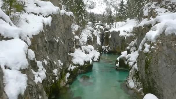 Invierno Volando Sobre Las Montañas Río Árboles Cubiertos Nieve Clima — Vídeos de Stock