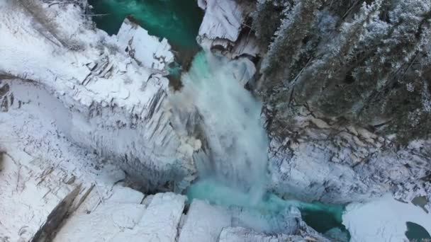 Árboles Cubiertos Nieve Invierno Volando Sobre Cascada Helada Naturaleza Clima — Vídeo de stock