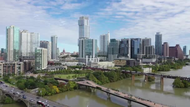 Austin Hava Manzarası Şehir Merkezi Colorado Nehri Teksas — Stok video