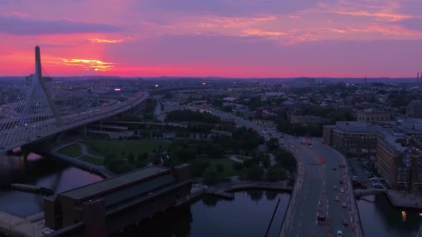 Sunset Felett Boston Zakim Híd Aerial View Charles River Massachusetts — Stock videók