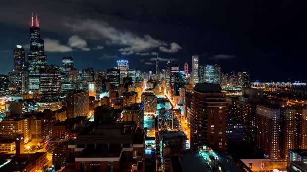 Chicago Natten Flygfoto Time Lapse Downtown Illinois — Stockvideo