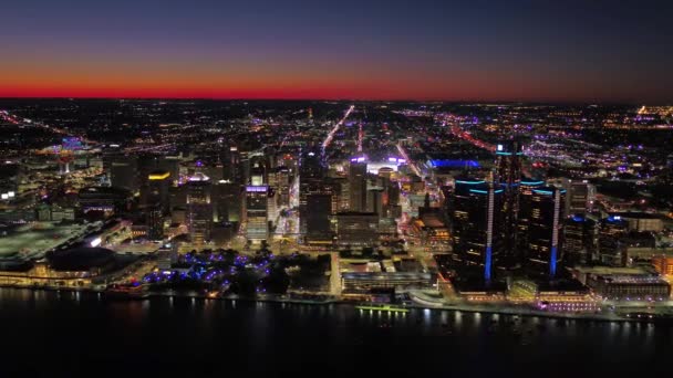 Detroit Night Vista Aérea Centro Ciudad Michigan Detroit River — Vídeo de stock