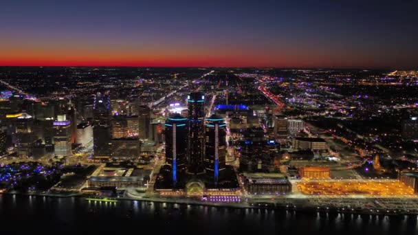 Detroit Night Aerial View Downtown Detroit River Michigan — стокове відео
