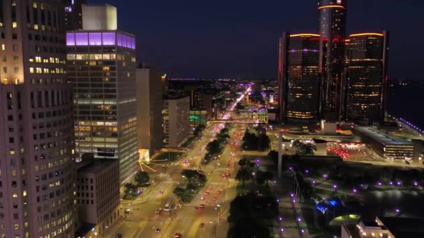 Detroit Την Νύχτα Αεροφωτογραφία Michigan Downtown City Lights — Αρχείο Βίντεο