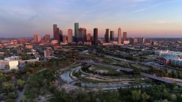 Ηλιοβασίλεμα Πάνω Από Χιούστον Αεροφωτογραφία Downtown Amazing Landscape Τέξας — Αρχείο Βίντεο