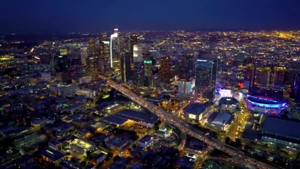 Los Angeles Natten Flygfoto Downtown City Lights Kalifornien — Stockvideo