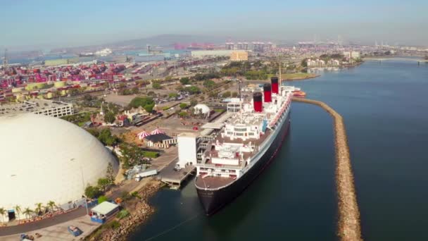 Long Beach California Aerial View Rms Queen Mary Queensway Bay — 비디오